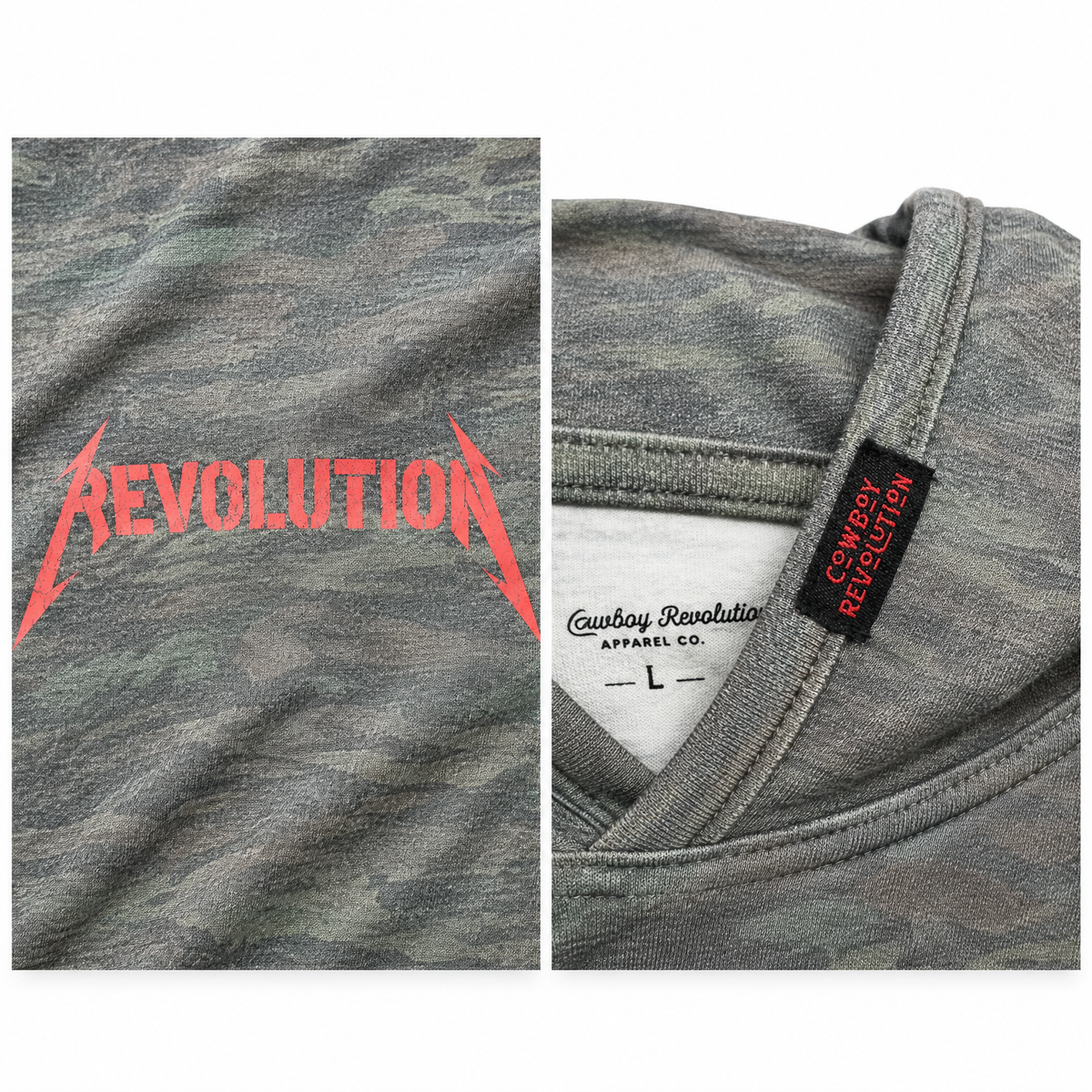 Cowboy Revolution Shocker Hooded Sunshirt in Komodo Camo, detail close-up