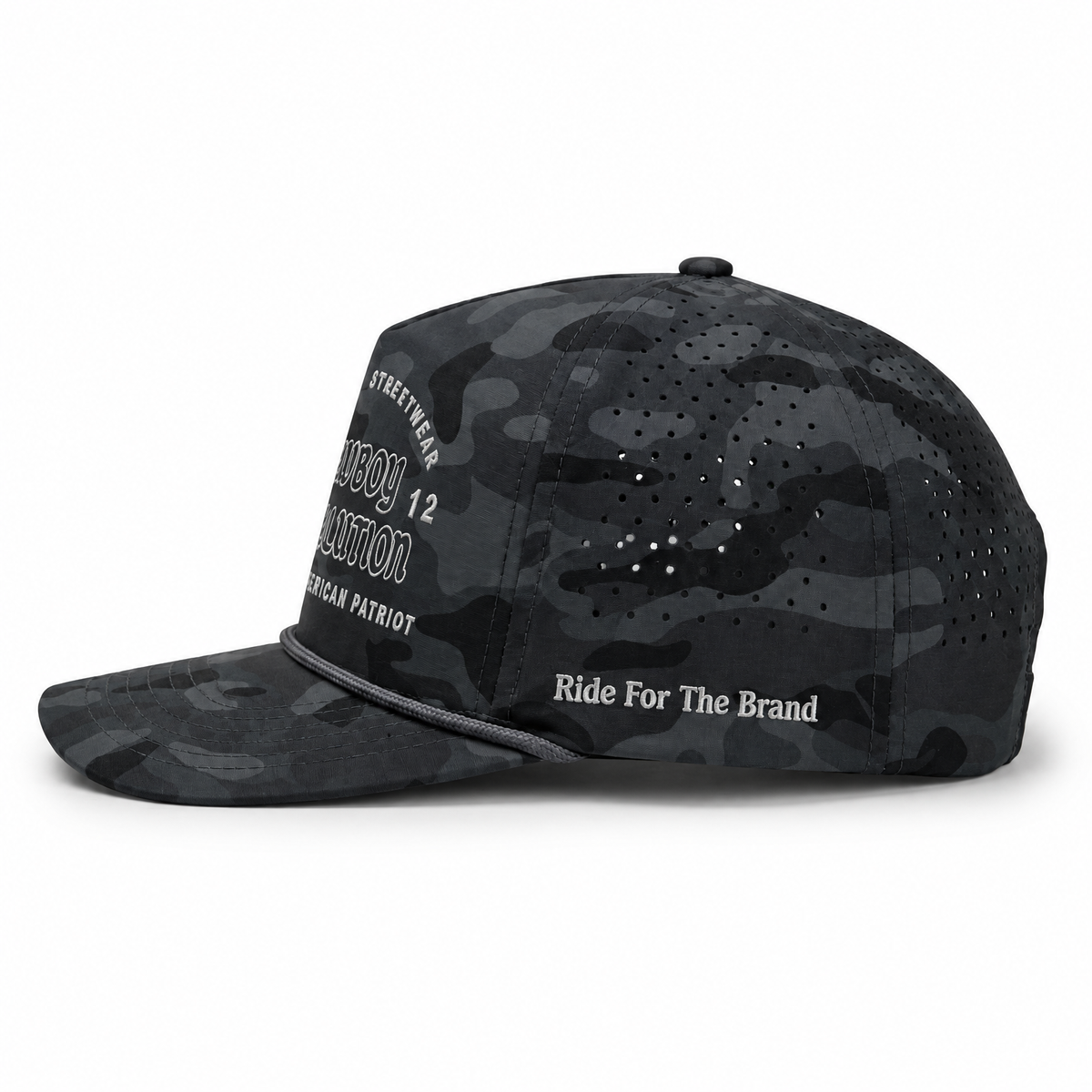 Cowboy Revolution The Point Western Streetwear Logo hat in Night Ops Camo, side view