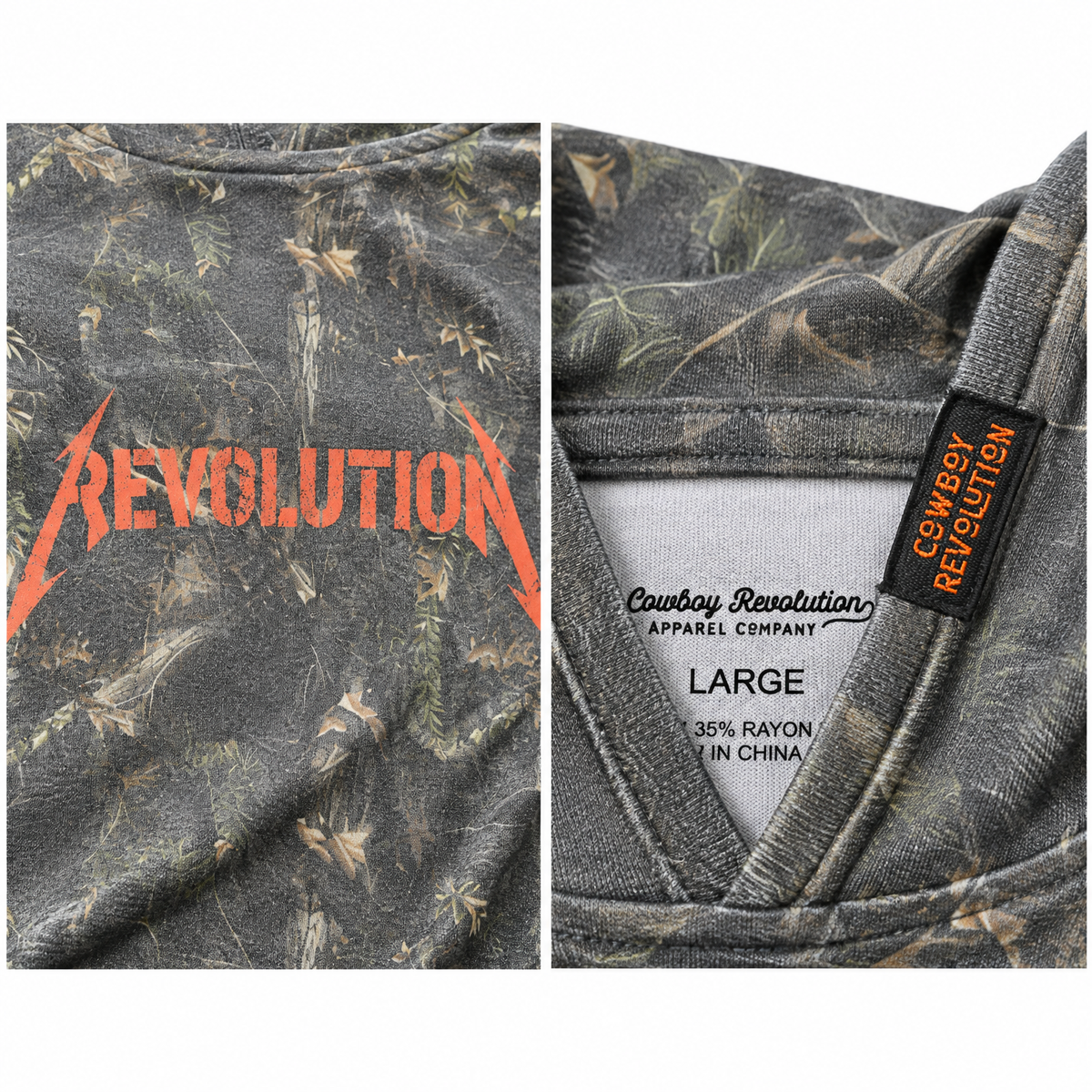 Cowboy Revolution Shocker Hooded Sunshirt in Backwoods Camo, detail close-up