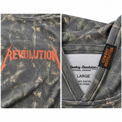 Cowboy Revolution Shocker Hooded Sunshirt in Backwoods Camo, detail close-up