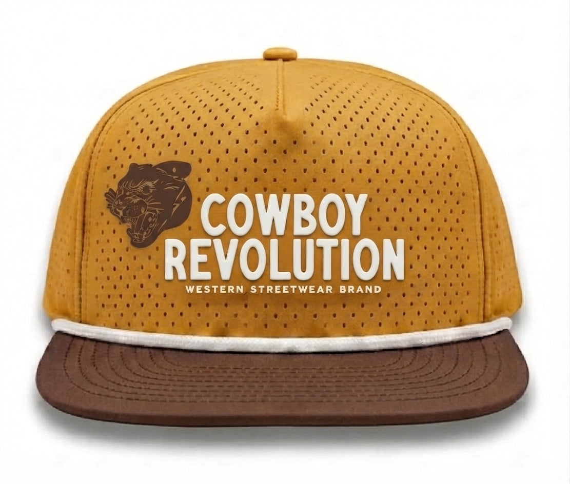 Cowboy Revolution The Brigade Big Cat Logo in Mustard / Brown, front view
