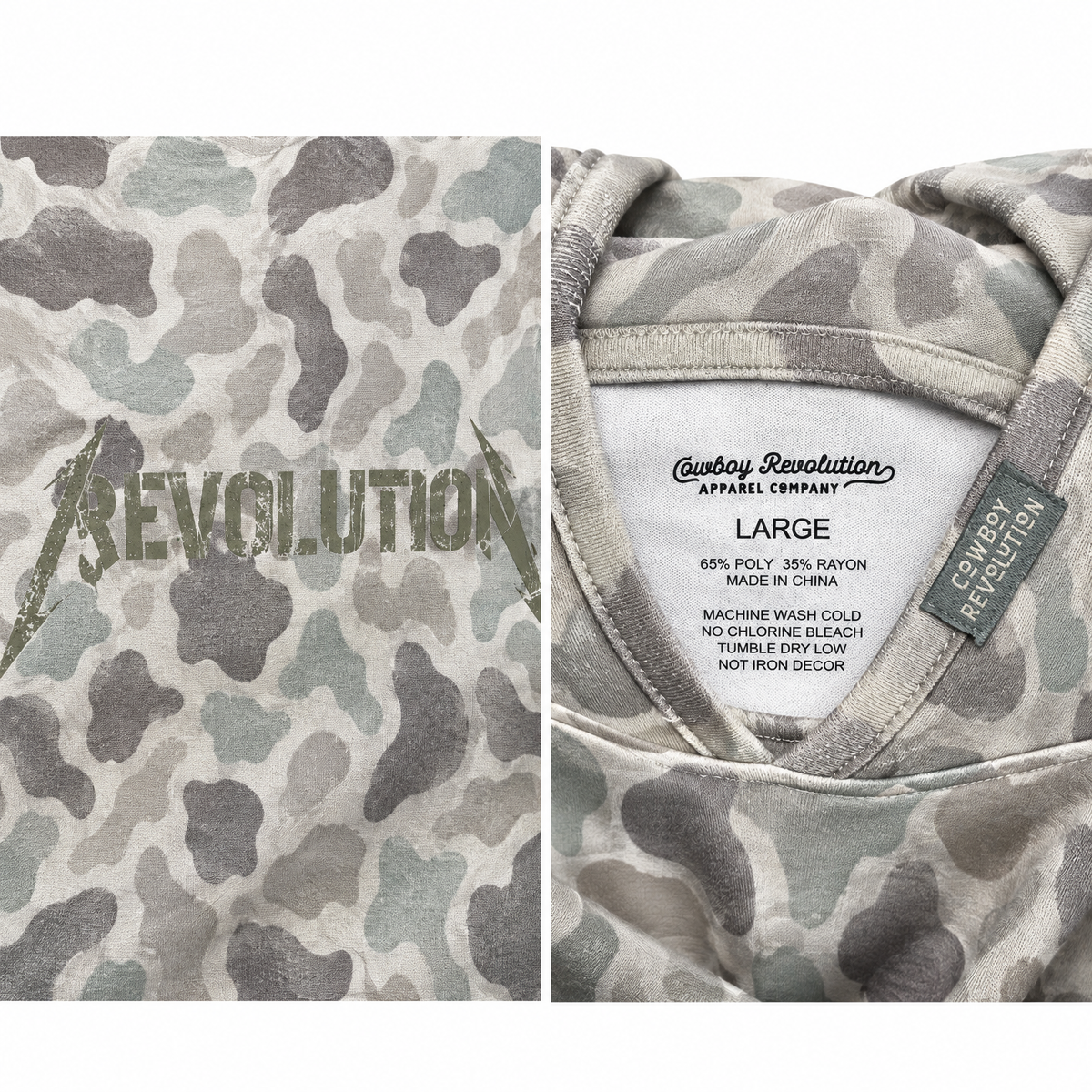 Cowboy Revolution Shocker Hooded Sunshirt in Marshland Camo, detail close-up