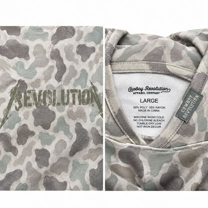 Cowboy Revolution Shocker Hooded Sunshirt in Marshland Camo, detail close-up
