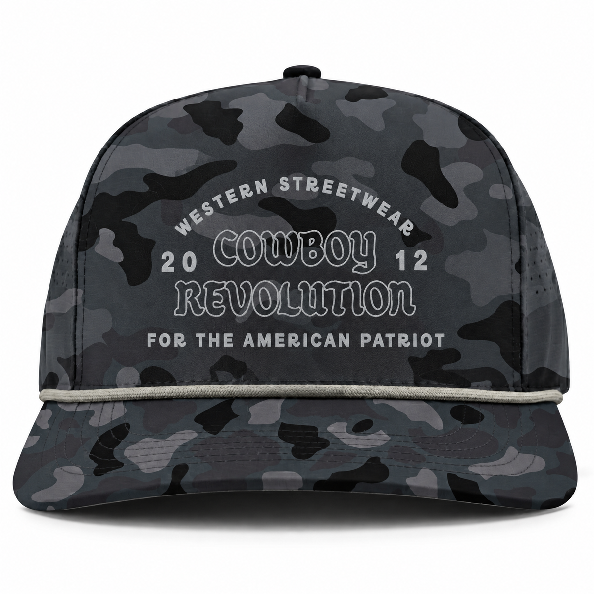 Cowboy Revolution The Point Western Streetwear Logo hat in Night Ops Camo, front view