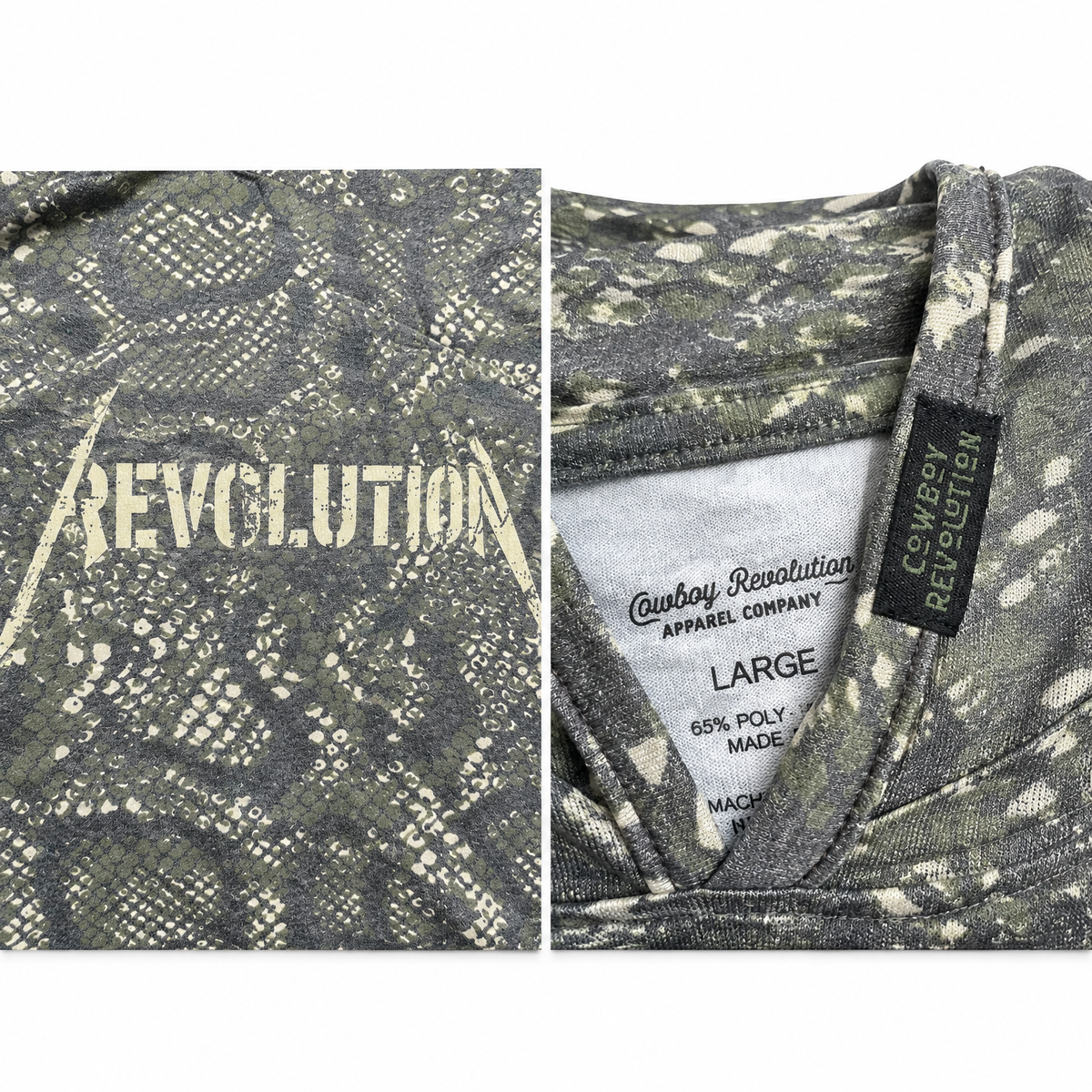 Cowboy Revolution Shocker Hooded Sunshirt in Viper Camo, detail close-up
