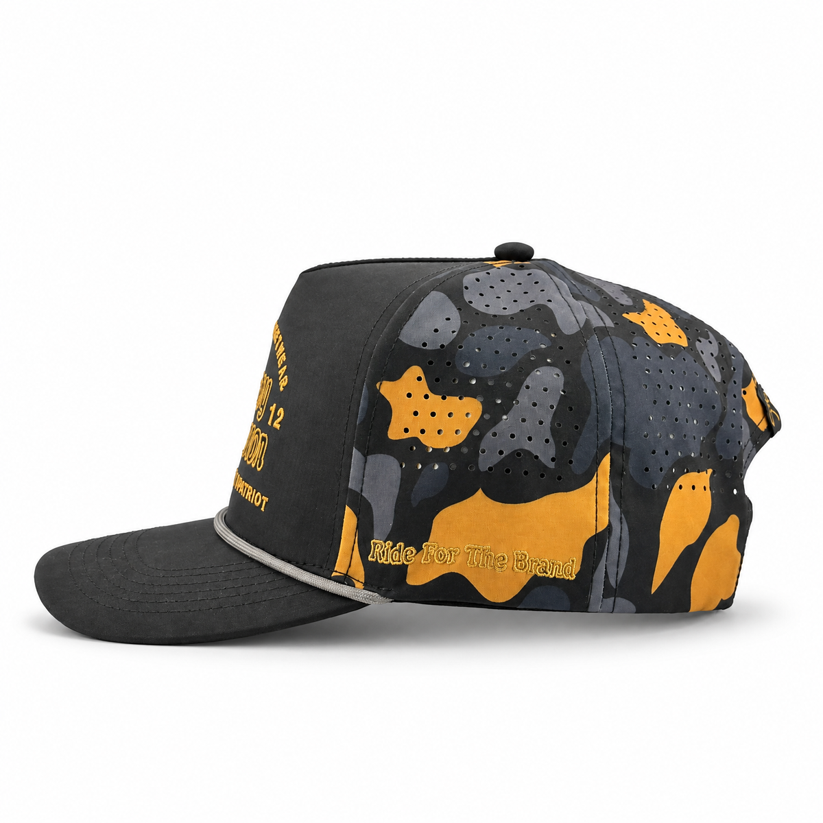 Cowboy Revolution The Point "Western Streetwear" Logo in Black / NOLA Black Camo, side detail close-up