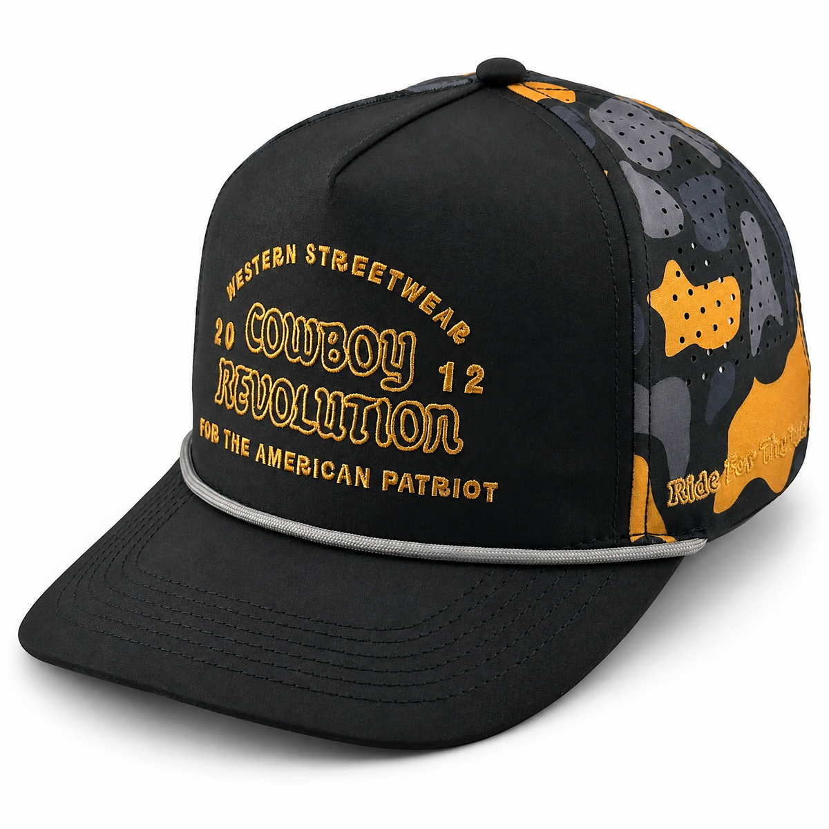 Cowboy Revolution The Point "Western Streetwear" Logo in Black / NOLA Black Camo, angled front view