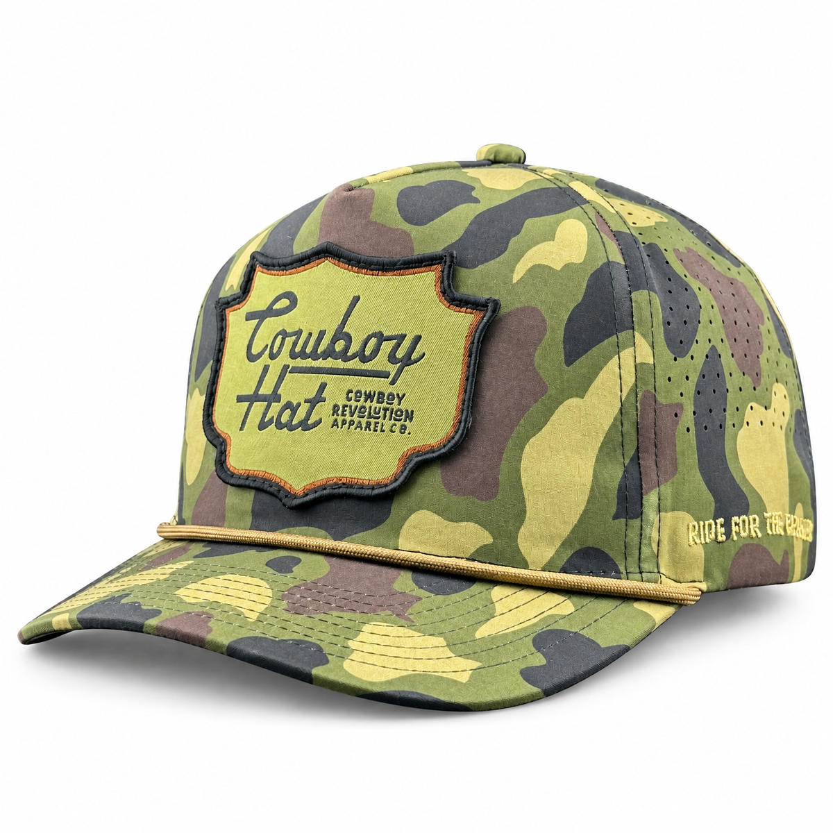Cowboy Revolution The Point "Cowboy Hat" Patch - Woodland Camo, angled view