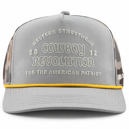 Cowboy Revolution The Point "Western Streetwear" Logo in Grey / Marshland Camo, angled front view