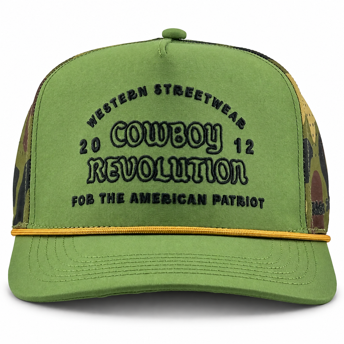 Cowboy Revolution The Point "Western Streetwear" Logo in Green / Woodland Camo, front view