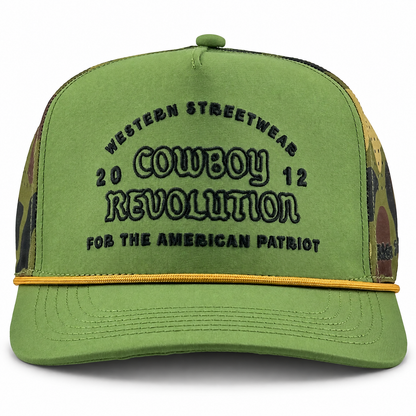 Cowboy Revolution The Point "Western Streetwear" Logo in Green / Woodland Camo, front view