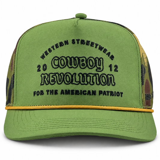 Cowboy Revolution The Point "Western Streetwear" Logo in Green / Woodland Camo, front view