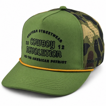Cowboy Revolution The Point "Western Streetwear" Logo in Green / Woodland Camo, angled front view
