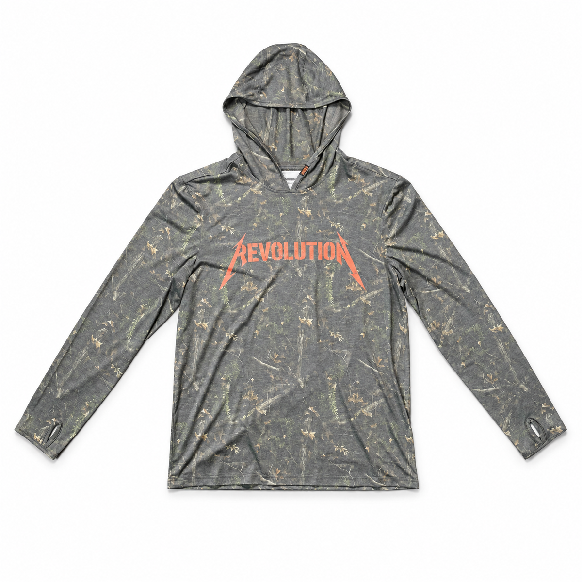 Cowboy Revolution Shocker Hooded Sunshirt in Backwoods Camo, lay flat front view