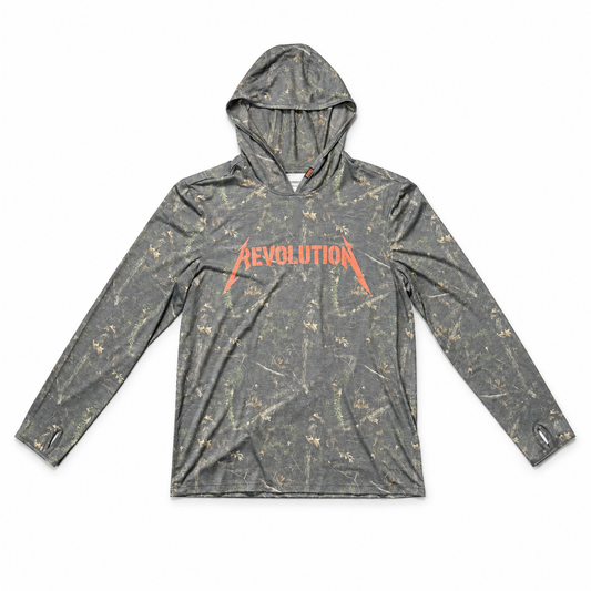 Cowboy Revolution Shocker Hooded Sunshirt in Backwoods Camo, lay flat front view
