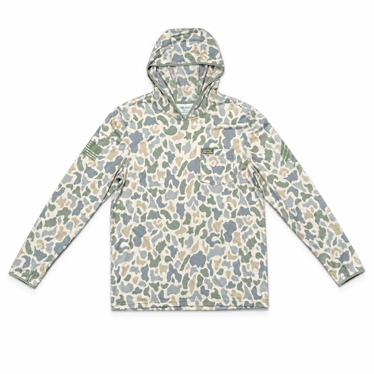 Cowboy Revolution Duck Camo Hooded Sunshirt, lay flat front view