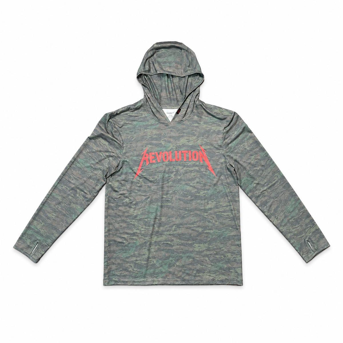 Cowboy Revolution Shocker Hooded Sunshirt in Komodo Camo, lay flat front view