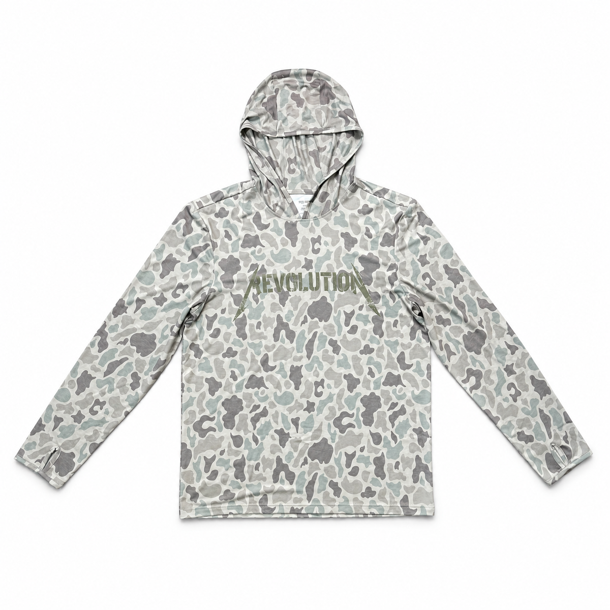 Cowboy Revolution Shocker Hooded Sunshirt in Marshland Camo, lay flat front view