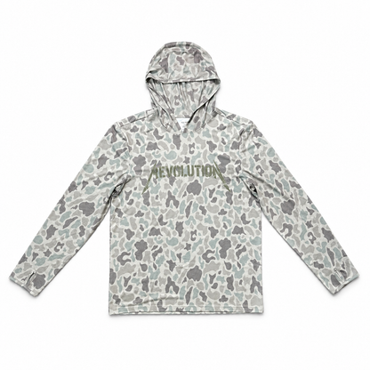 Cowboy Revolution Shocker Hooded Sunshirt in Marshland Camo, lay flat front view