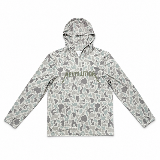 Cowboy Revolution Shocker Hooded Sunshirt in Marshland Camo, lay flat front view