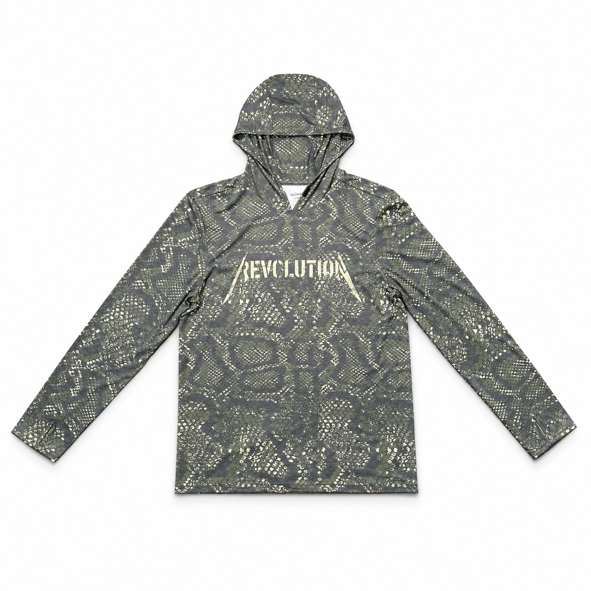 Cowboy Revolution Shocker Hooded Sunshirt in Viper Camo, lay flat front view