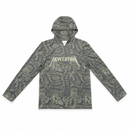 Cowboy Revolution Shocker Hooded Sunshirt in Viper Camo, lay flat front view