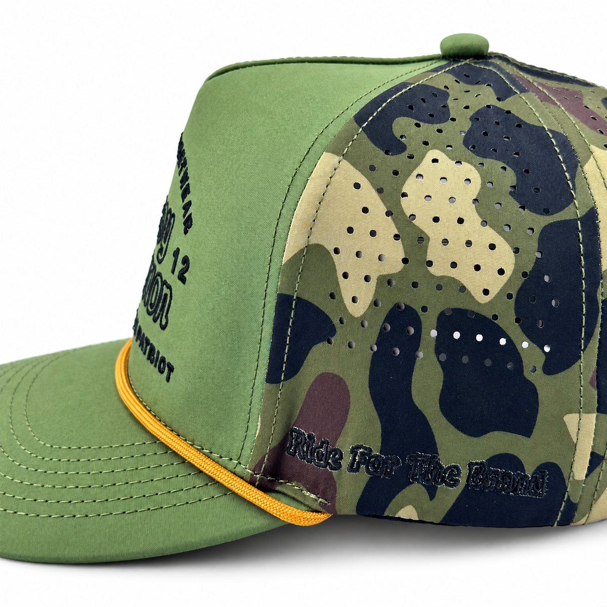 Cowboy Revolution The Point "Western Streetwear" Logo in Green / Woodland Camo, side detail close-up
