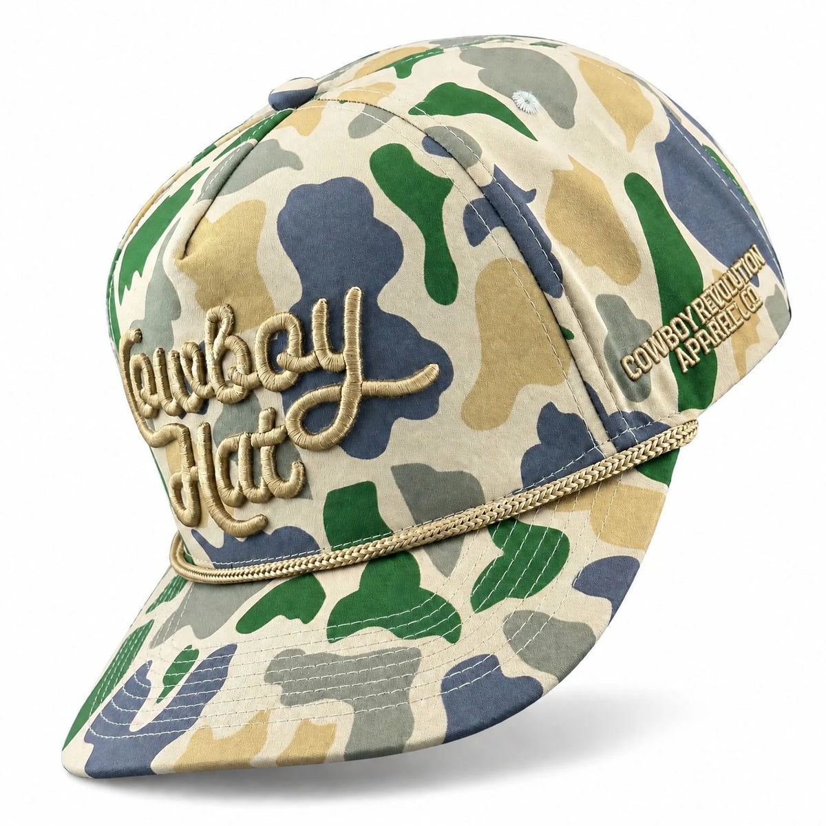 Cowboy Revolution The Point "Cowboy Hat" Script - Duck Camo, 3/4 view with side embroidery