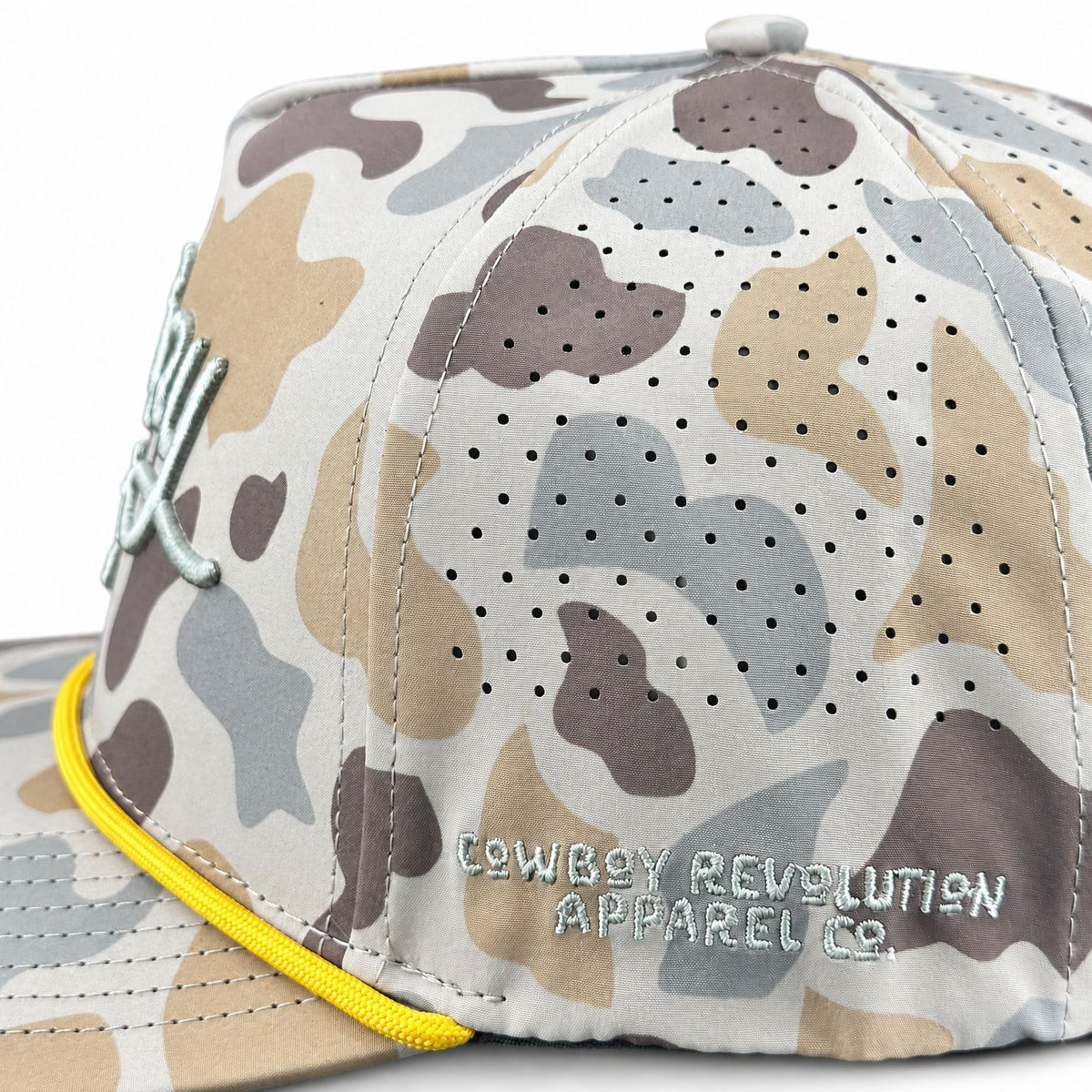 Cowboy Revolution The Point "Cowboy Hat" Script - Marshland Camo, side panel embroidery detail