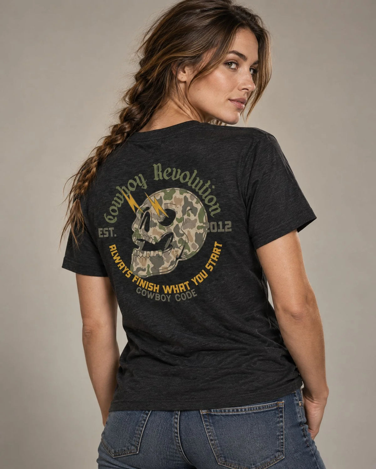 Female model in Cowboy Code No. 3 Always Finish What You Start tee, Charcoal-Black, Cowboy Revolution