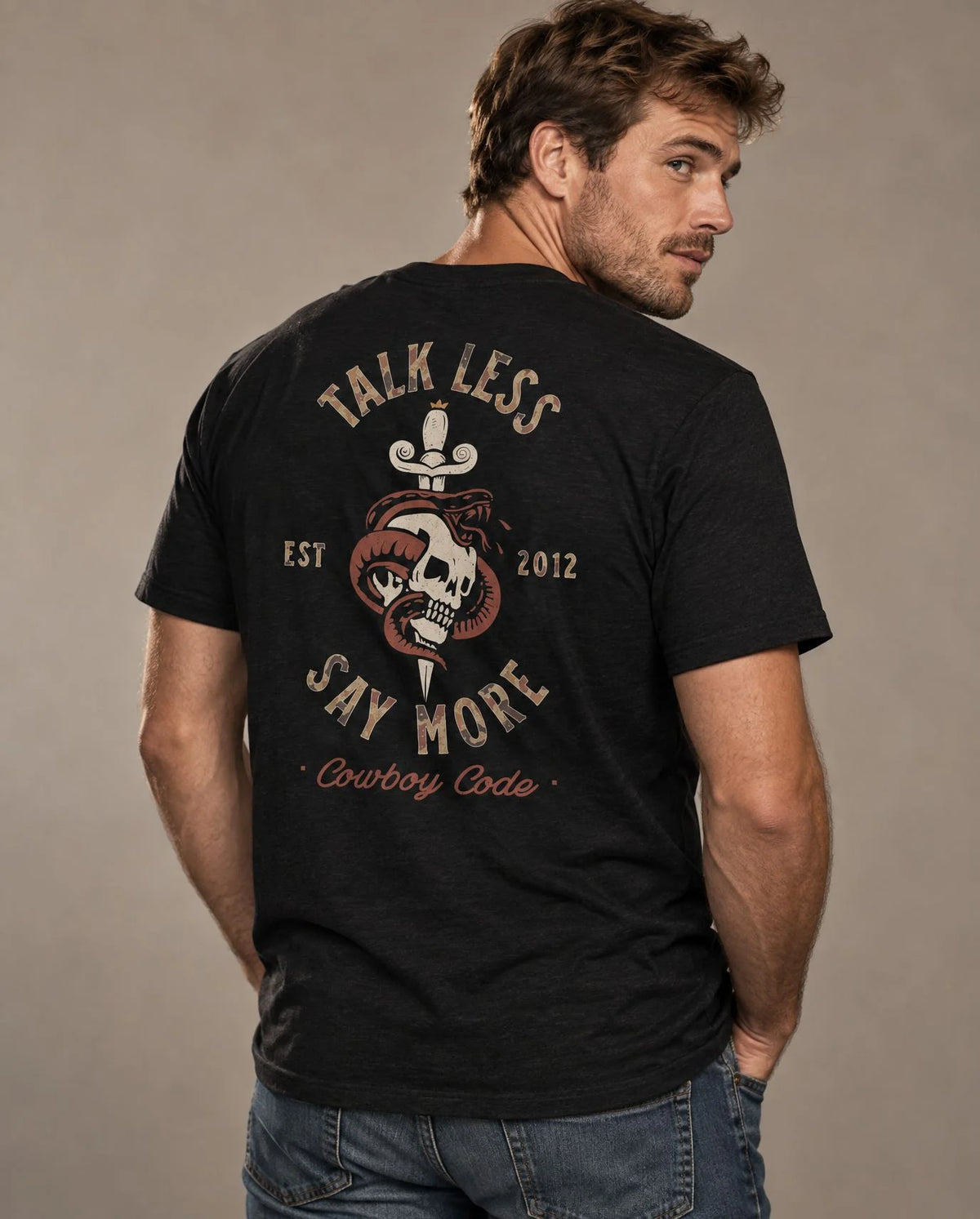 Male model in Cowboy Code No. 8 Talk Less, Say More tee, Solid Black, Cowboy Revolution