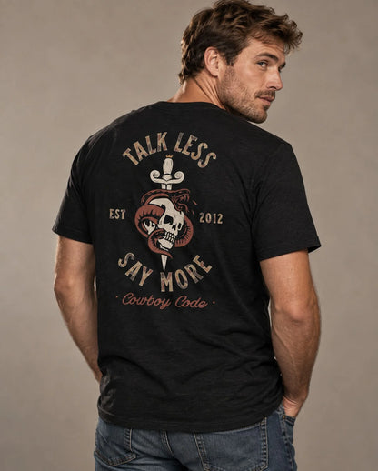 Male model in Cowboy Code No. 8 Talk Less, Say More tee, Solid Black, Cowboy Revolution