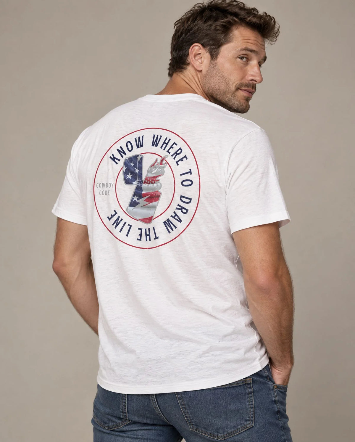 Male model in Cowboy Code No. 10 Know Where to Draw the Line tee, Solid White, Cowboy Revolution