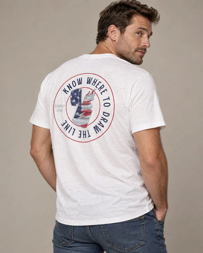 Male model in Cowboy Code No. 10 Know Where to Draw the Line tee, Solid White, Cowboy Revolution