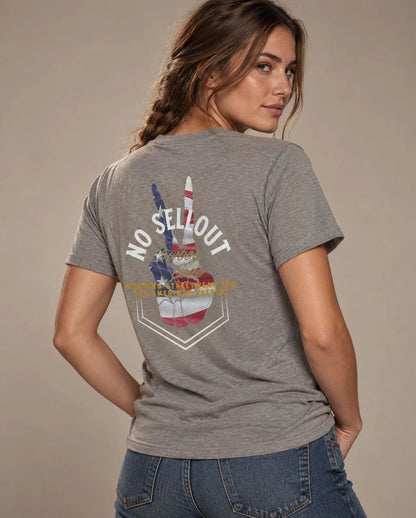 Female model in Cowboy Code No. 9 No Sellout tee, Grey, Cowboy Revolution