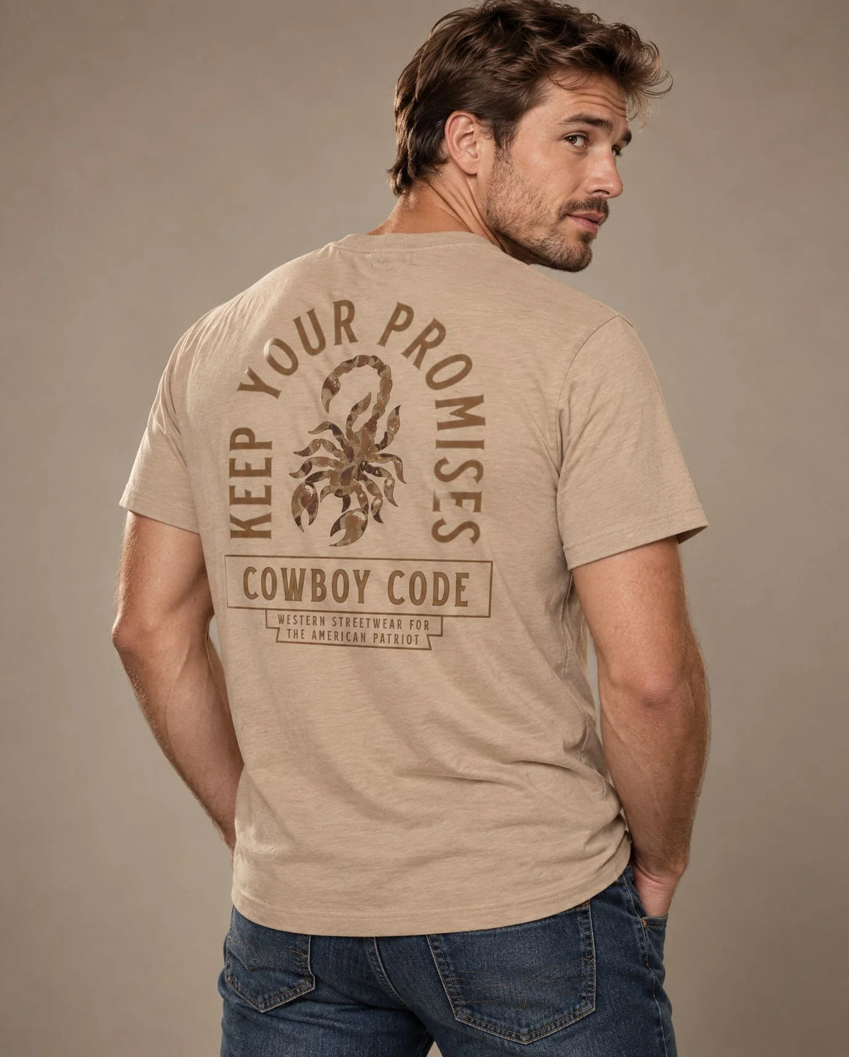 Male model in Cowboy Code No. 6 Keep Your Promises tee, Tan, Cowboy Revolution