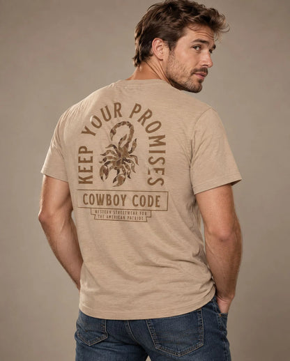 Male model in Cowboy Code No. 6 Keep Your Promises tee, Tan, Cowboy Revolution