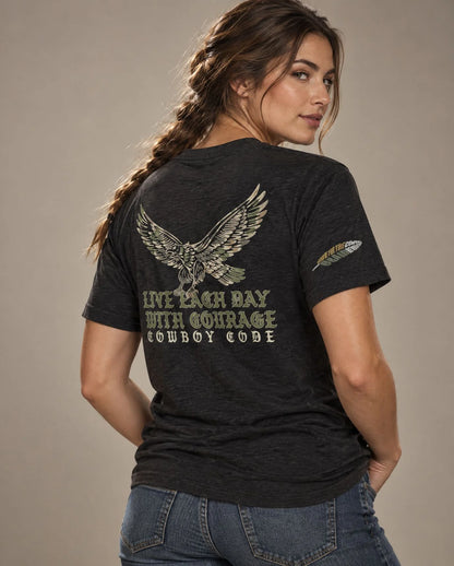Female model in Cowboy Code No. 1 Live Each Day With Courage tee, Charcoal-Black, Cowboy Revolution
