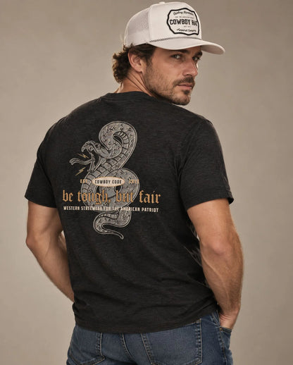 Male model in Cowboy Code No. 5 Be Tough, But Fair tee, Charcoal-Black and White rope hat, Cowboy Revolution