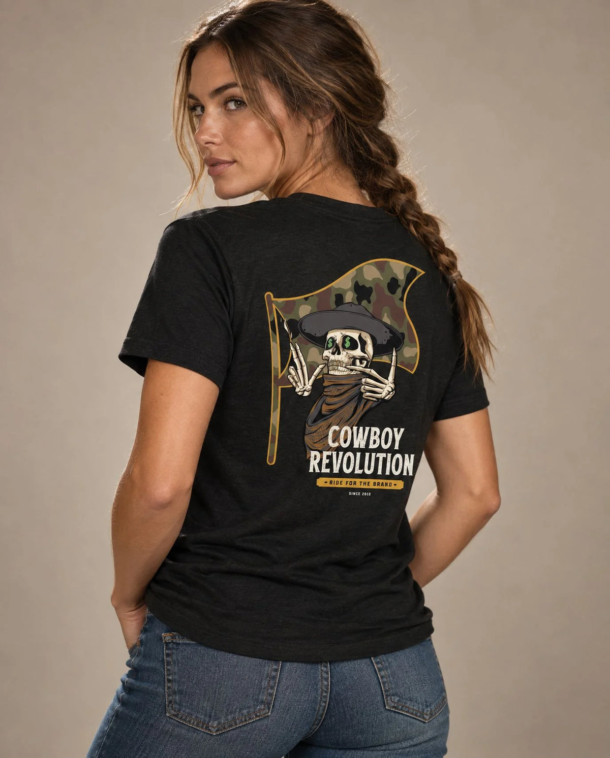 Female model in Cowboy Code No. 7 Ride for the Brand tee, Solid Black, Cowboy Revolution