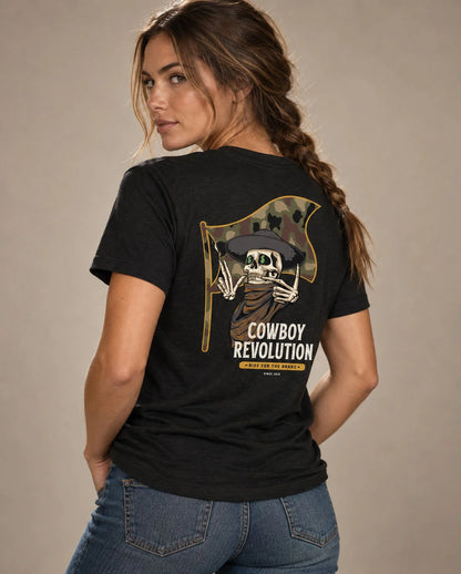 Female model in Cowboy Code No. 7 Ride for the Brand tee, Solid Black, Cowboy Revolution