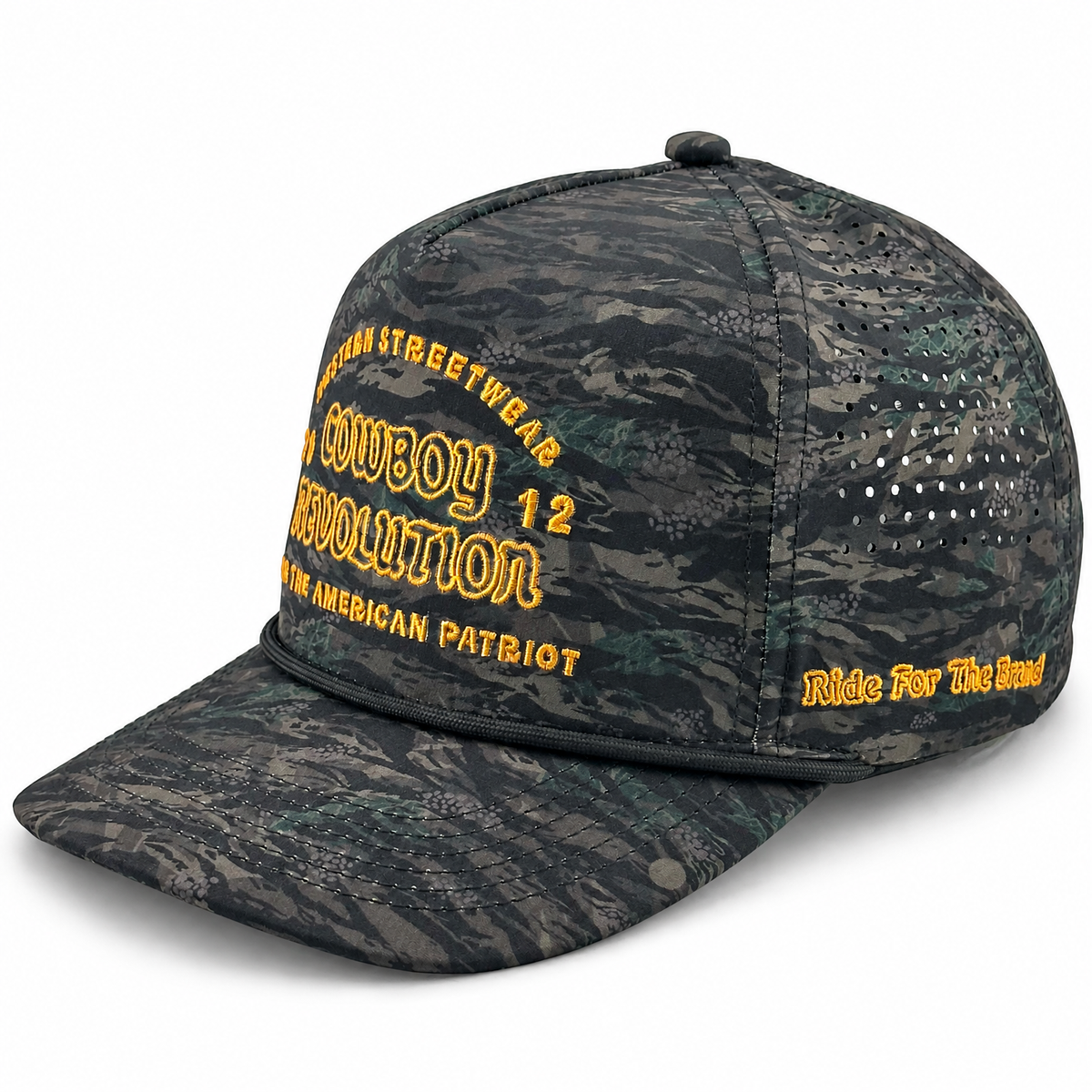 Cowboy Revolution The Point "Western Streetwear" Logo in Komodo Camo, angled front view