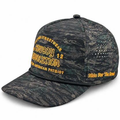 Cowboy Revolution The Point "Western Streetwear" Logo in Komodo Camo, angled front view