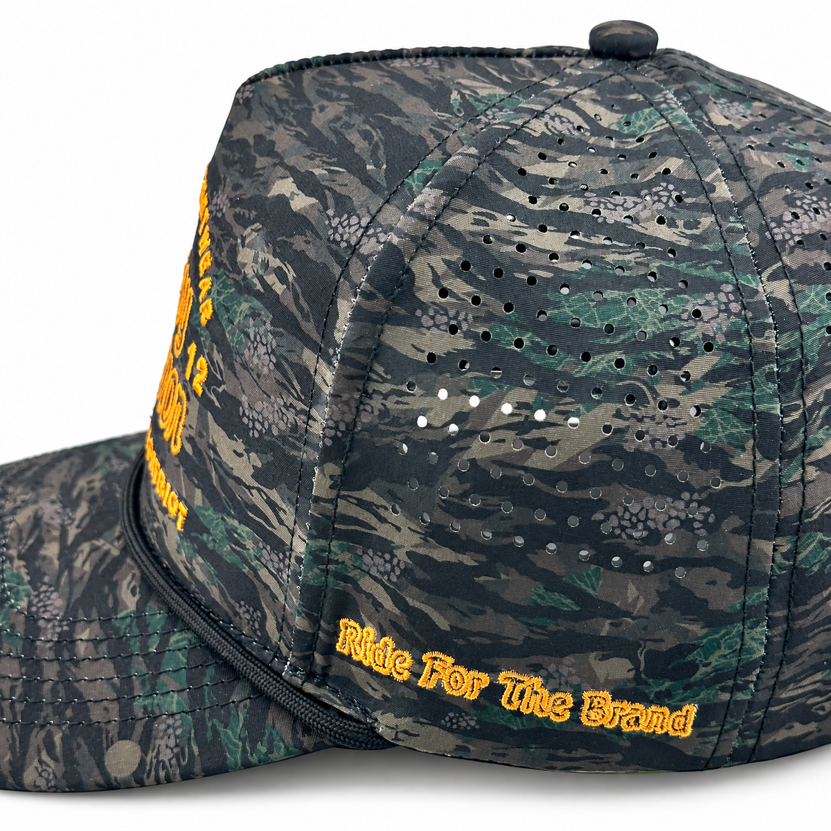 Cowboy Revolution The Point "Western Streetwear" Logo in Komodo Camo, side detail close-up
