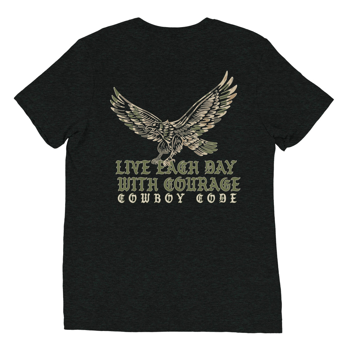 Cowboy Code No. 1 Live Each Day With Courage tee in Charcoal-Black, back view, Cowboy Revolution Western graphic t-shirt