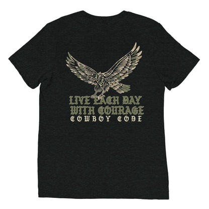 Cowboy Code No. 1 Live Each Day With Courage tee in Charcoal-Black, back view, Cowboy Revolution Western graphic t-shirt
