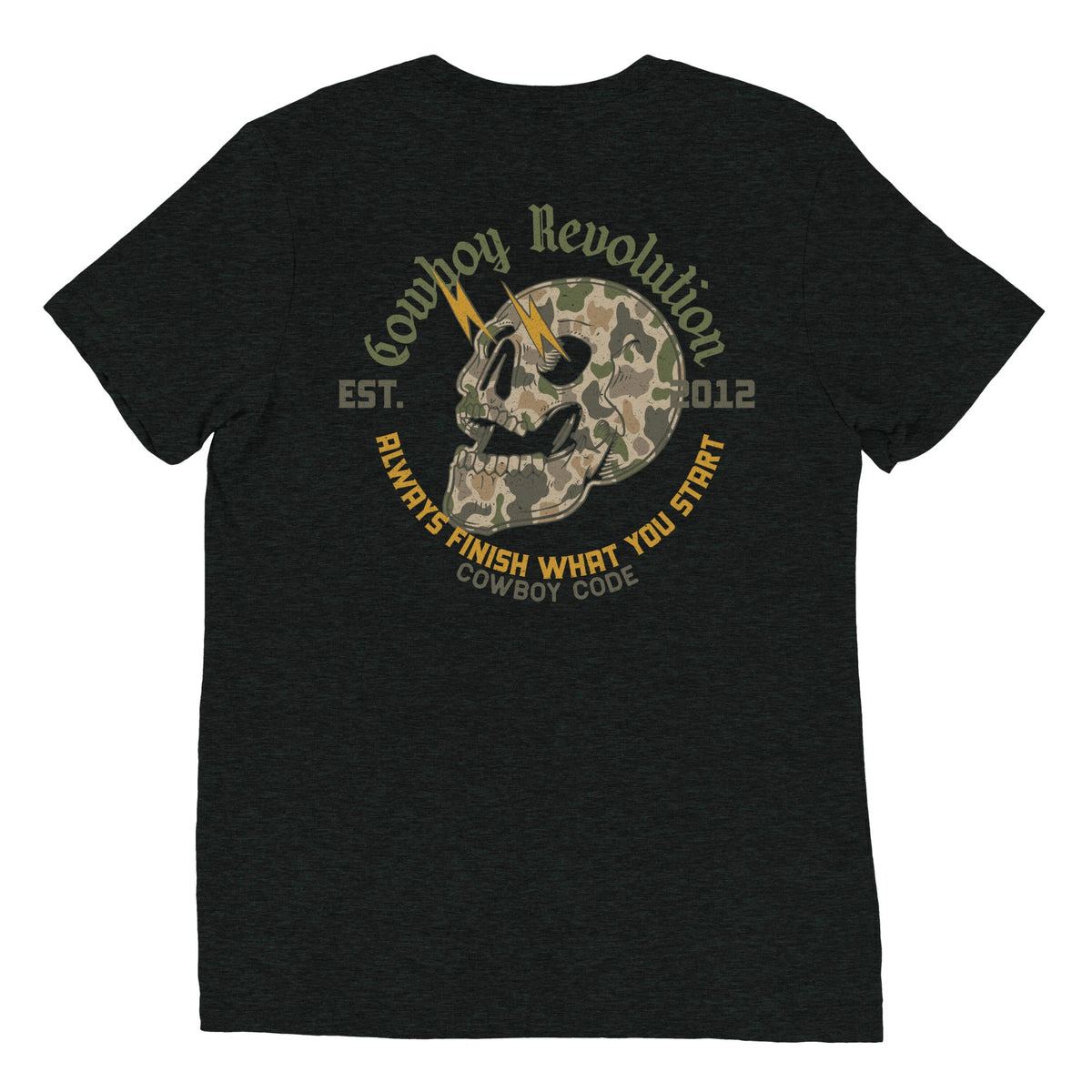 Cowboy Code No. 3 Always Finish What You Start tee in Charcoal-Black, back view, Cowboy Revolution Western graphic t-shirt
