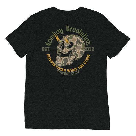 Cowboy Code No. 3 Always Finish What You Start tee in Charcoal-Black, back view, Cowboy Revolution Western graphic t-shirt