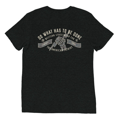 Cowboy Code No. 4 Do What Has to Be Done tee in Charcoal-Black, back view, Cowboy Revolution Western graphic t-shirt