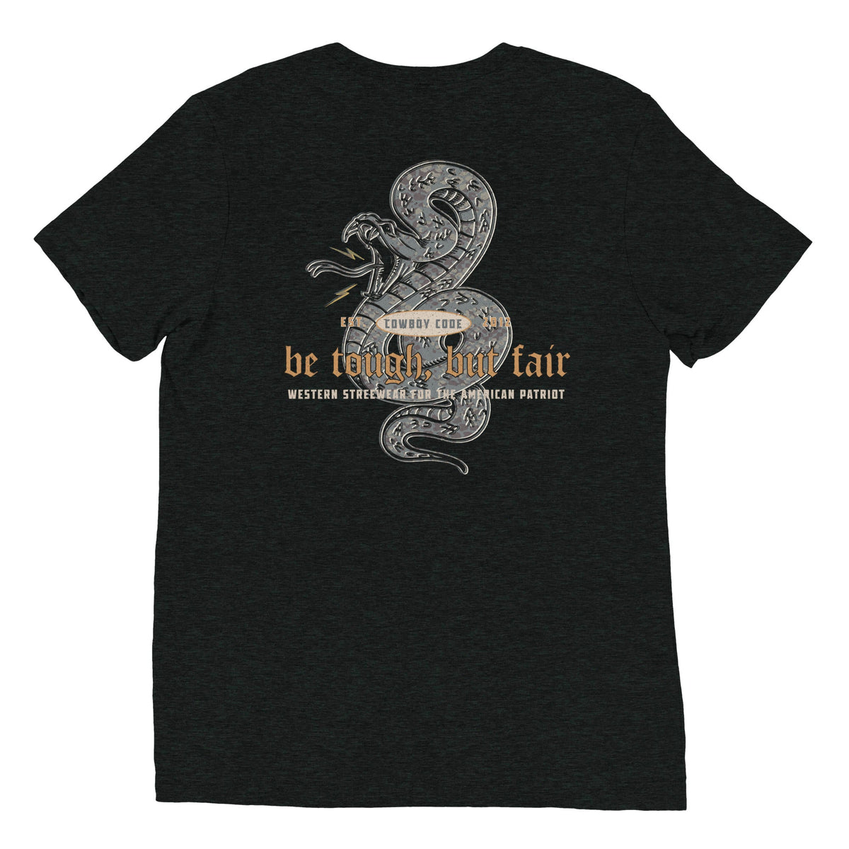 Cowboy Code No. 5 Be Tough, But Fair tee in Charcoal-Black, back view, Cowboy Revolution Western graphic t-shirt